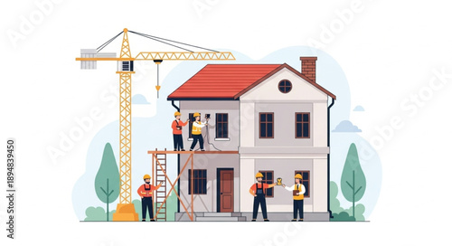 Construction workers building a house with a crane.