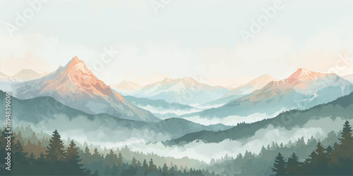 Breathtaking winter panorama of a snowy mountain peak at sunrise with mist and clouds over a cold Himalayan landscape