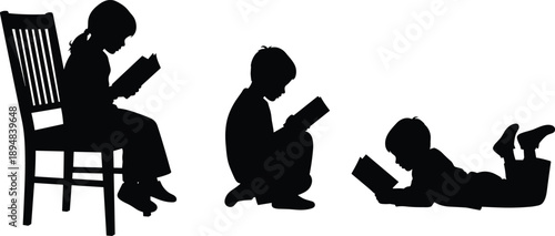 Black silhouette vector set of children reading books sitting on a chair and lying down for education and library design