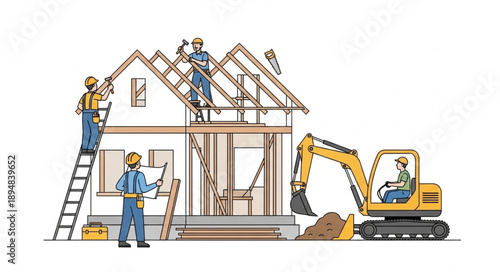 Construction workers building a house with an excavator.