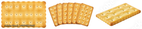 crispy salted rectangular cracker biscuits in various arrangements, perfectly golden-baked, a tasty savory snack food. isolated photograph on transparent background.