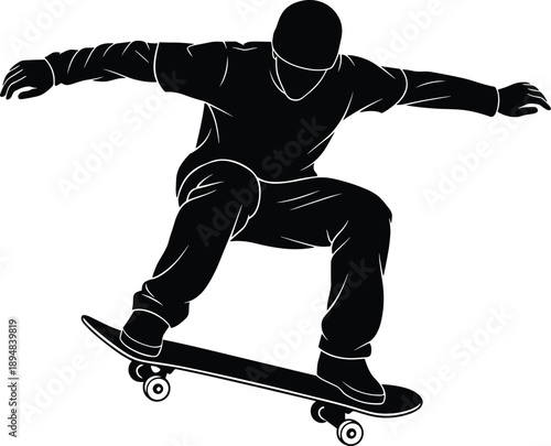 Black vector silhouette of a skateboarder performing an ollie jump trick wearing a helmet for extreme sports and urban lifestyle design