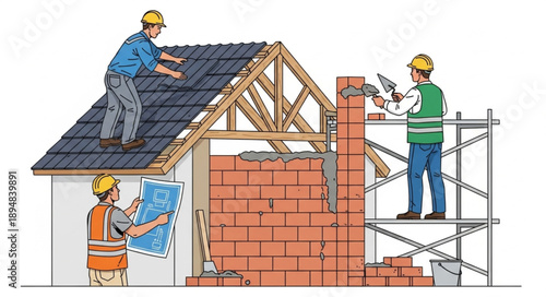 Construction workers building a house with bricks and roof tiles.