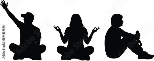 Black vector silhouette set of diverse people sitting cross legged, meditating in yoga pose, and waving for wellness design