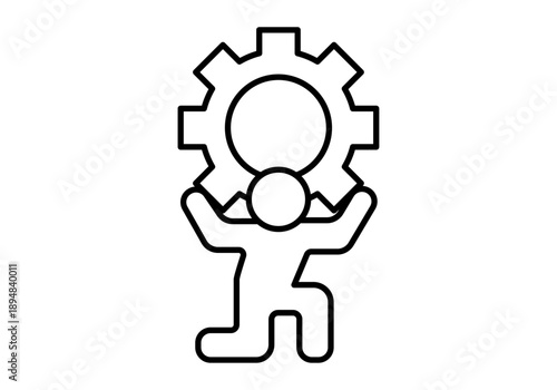 Icono de figura humana cargando un engranaje grande sobre su cabeza