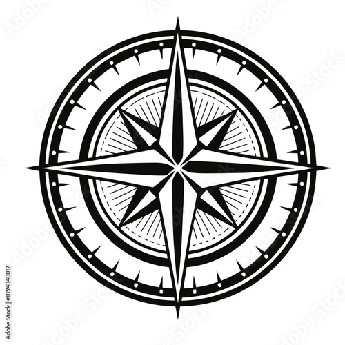 A black and white vector compass rose icon with a minimalist design