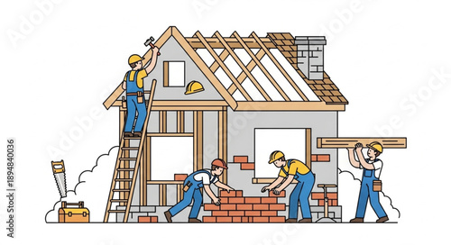 Construction workers building a house with bricks and wood.