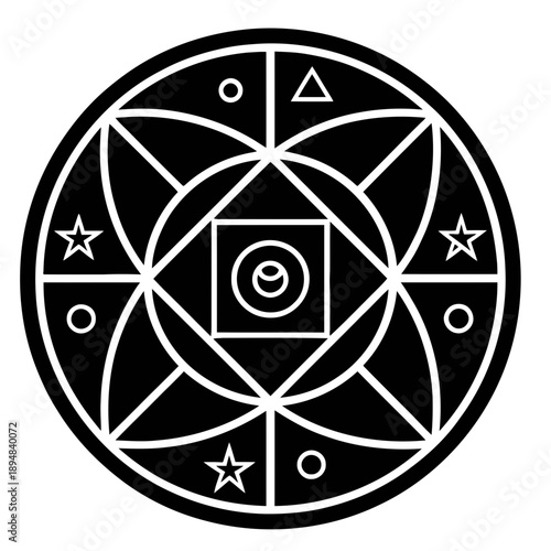 A minimalist vector graphic of a sacred geometric symbol with a black and white design