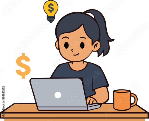 This illustration depicts a young woman focused on her laptop, symbolizing the modern freelance lifestyle. With a lightbulb representing ideas and a dollar sign indicating financial success, this imag