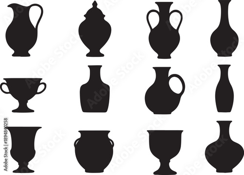 Collection of elegant glass silhouettes featuring decorative pottery shapes, ceramic containers, classic vessels and artistic home decor elements.