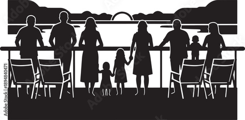 Family Walking on Bridge at Sunset Minimalist Silhouette Vector Illustration