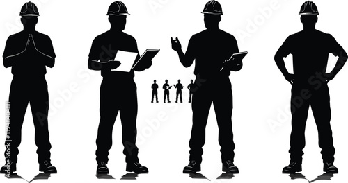 Black vector silhouette set of professional construction workers wearing hard hats and safety gear for industrial engineering and building design,