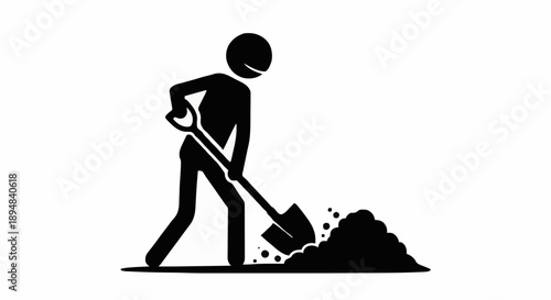 Stick Figure Person Digging with Shovel Icon.