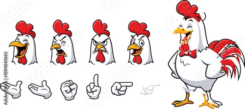 Cartoon rooster mascot character set featuring various facial expressions, hand gestures, white feathers, red comb, and happy poses on white background
