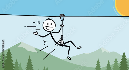 Stick Figure Person Enjoying Zipline Adventure Over Mountains.