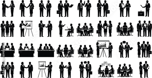 Collection of professional business people silhouettes in various meeting scenarios, networking, presentations, handshaking, and teamwork isolated on a white background.