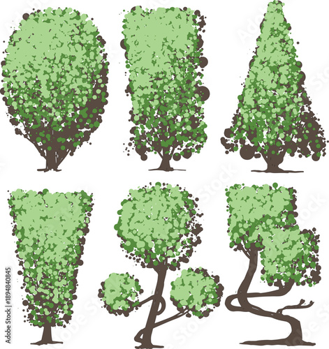 Abstract Topiary Garden Set. A collection of stylized topiary trees featuring geometric silhouettes and organic textures, blending modern abstract art with classic landscape garden design.