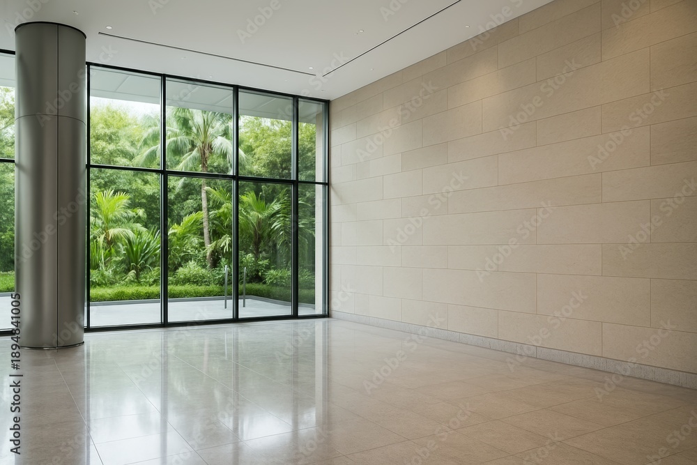 Fototapeta premium Modern empty lobby interior with large glass windows and view of lush greenery outside, minimalistic architecture and clean design aesthetic.. Ai generative