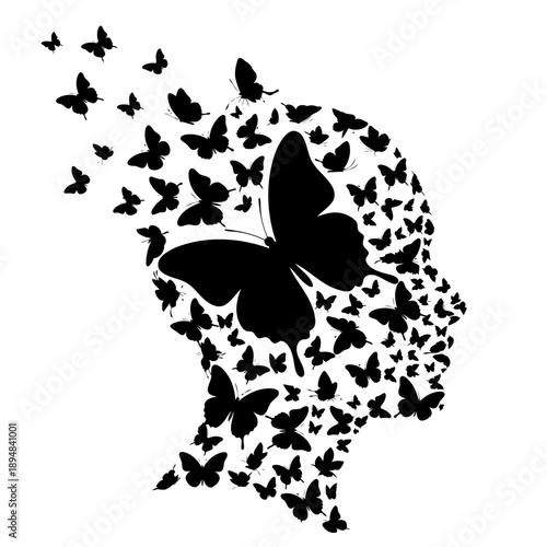 A creative illustration of butterflies emerging from a human head