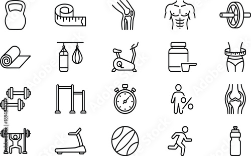 Collection of black line representing fitness equipment and exercise concepts workout