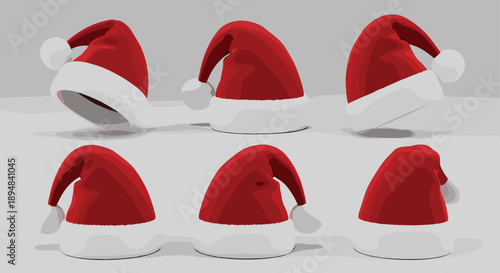 Set of Santa Claus hats in different angles and positions, realistic red Christmas caps, festive winter holiday vector illustrations isolated on white