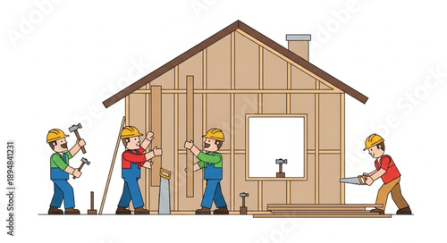Construction workers building a house with tools and materials.