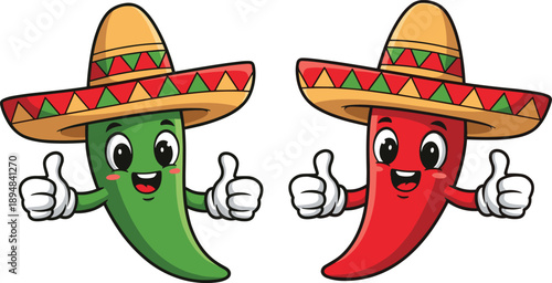 Cute cartoon red and green chili peppers wearing sombreros, happy Mexican food mascots giving thumbs up isolated vector illustration design