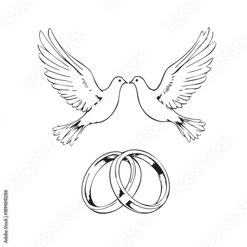 Romantic dove silhouette vector illustration with interlocking wedding rings symbolizing love, unity, and marriage