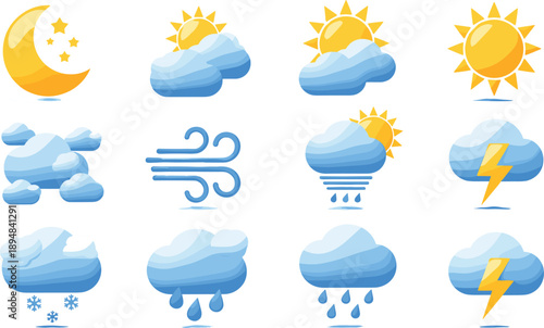 Set of weather icons including sun, moon, clouds, rain, snow, wind, and lightning, flat vector illustrations for forecast apps and UI design