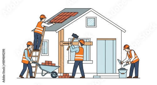 Construction workers building a house with tools and materials.