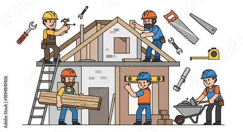 Construction workers building a house with tools and materials.