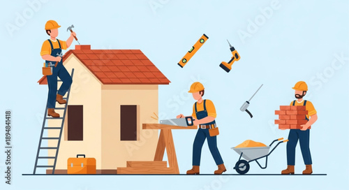 Construction workers building a house with tools and materials.