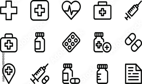 Collection of black outline medical on white background medical cross first aid kit