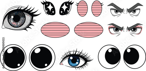 Decorative vector set of stylized eyes including anime sparkle lash large pupils and blushing cheeks for character design and illustration