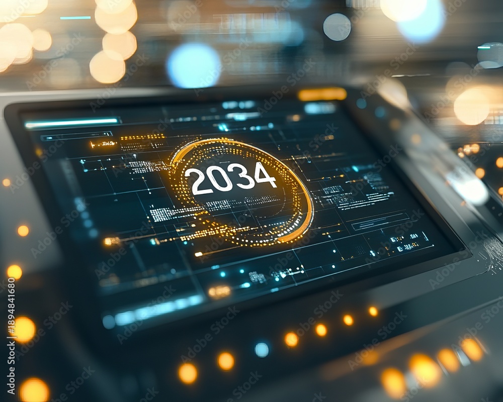 Fototapeta premium Futuristic digital landscape of 2034 showcasing advanced technology and high-tech visuals.
