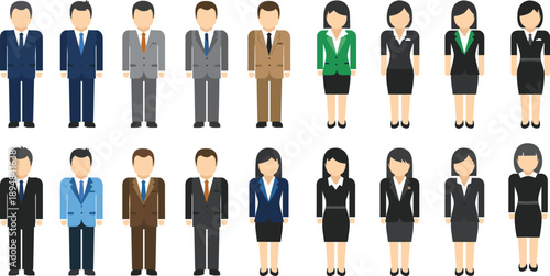 Diverse set of business people avatars standing in formal suits, corporate office team, professional male and female employees, flat illustration.