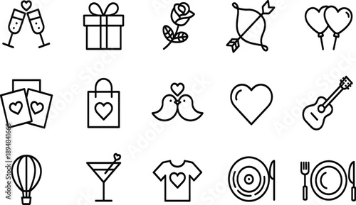 Collection of black outline representing love romance and celebration symbol heart