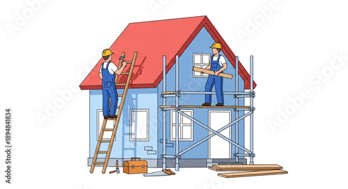 Construction workers building a house with scaffolding and tools.
