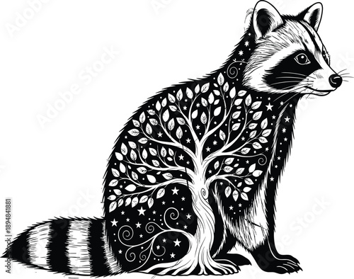 Detailed Black and White Vector Illustration of a Raccoon Featuring an Artistic Tree of Life and Stars Decorative Wildlife Design