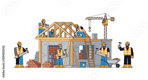 Construction workers building a house with tools and crane.