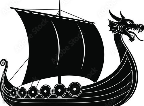 Detailed Black Silhouette of a Traditional Viking Longship Featuring a Dragon Head Figurehead and Large Sail for Norse History Designs