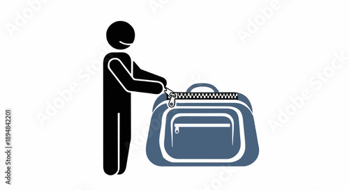 Stick figure person zipping a duffel bag for travel.