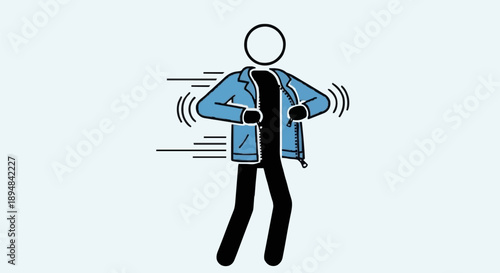Stick figure person zipping up a blue jacket illustration.