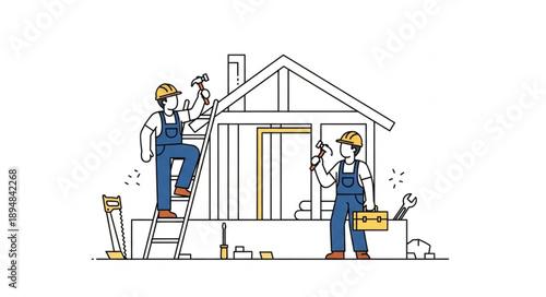Construction workers building a house with tools and ladder.