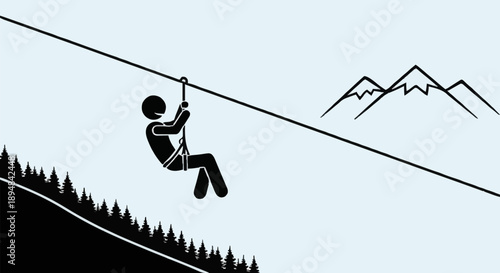 Stick Figure Person Ziplining Downhill Adventure.