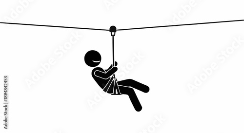 Stick figure person ziplining on a wire cable.