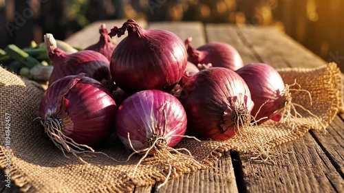Rustic setting showcasing a generous pile of healthy fresh red onions resting on a burlap cloth on a weathered wooden table bathed in warm natural light detail, resting, natural