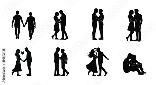 Couple silhouettes showing various romantic poses