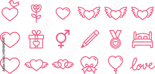 Collection of pink line representing love romance and relationships heart symbol
