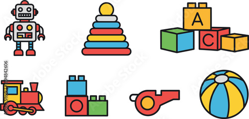 Colorful Kids Toys Collection with Robot Train Building Blocks Whistle and Beach Ball Vector Illustration